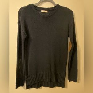 Harper Heritage Sweater Womens Size Small‎ Navy Blue Open Knit Elbow Patch